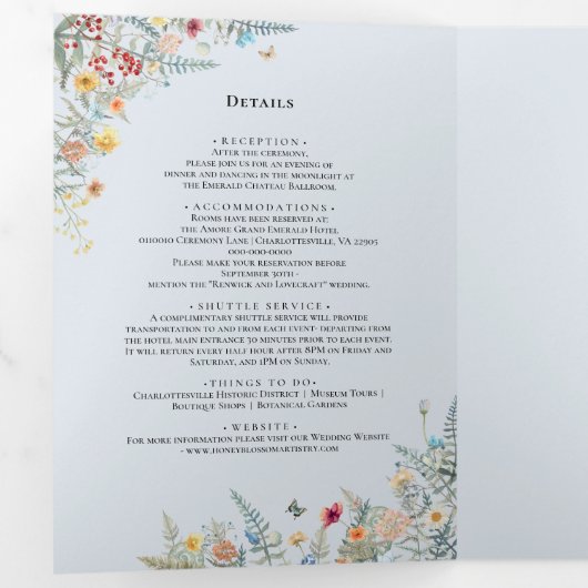  Wildflower Stoffig Blauw Bruiloft Monogram Drieluik Uitnodiging (Binnenzijde eerst)