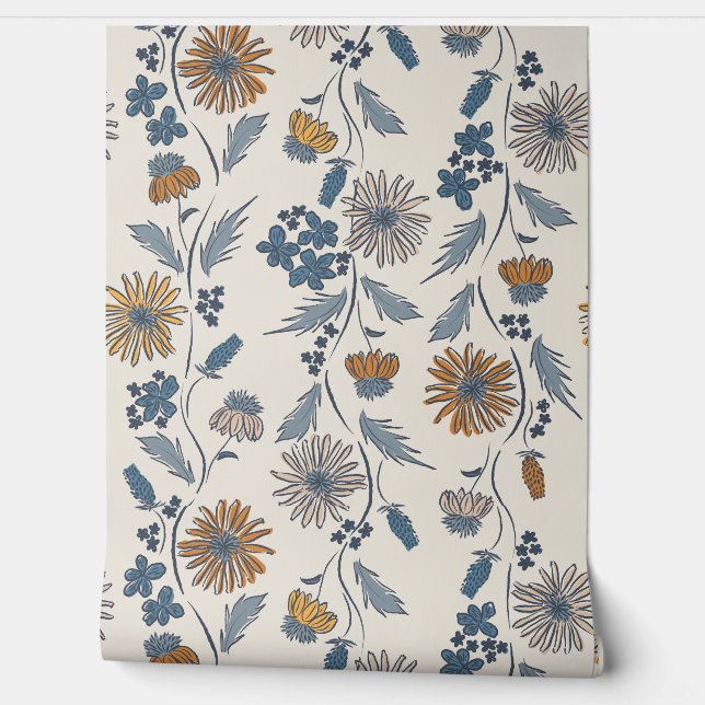 Wildflower Stripes - Muted Gold And Denim Blue Behang (Afrollen)