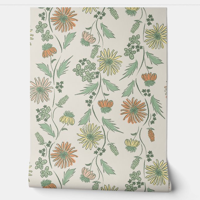 Wildflower Stripes - Yellow And Mint Green And Cre Behang (Afrollen)