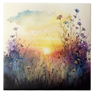Wildflower Sunset Waterverf kunstwerk Tegeltje