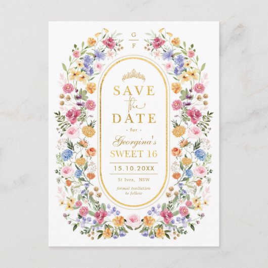 Wildflower Sweet 16 Quinceanera Bewaar de datum Aankondigingskaart (Voorkant)