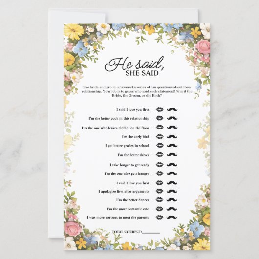 Wildflower Tea Party He Said She Said Bridal Game (Voorkant)