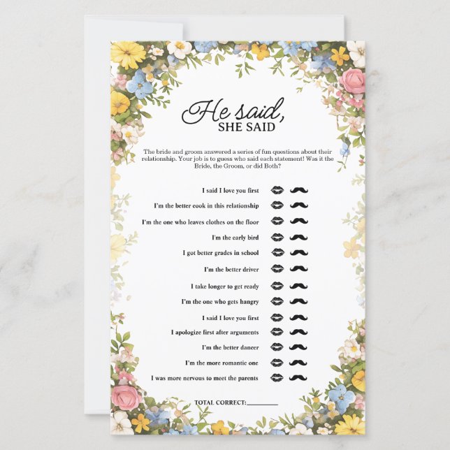 Wildflower Tea Party He Said She Said Bridal Game (Voorkant)