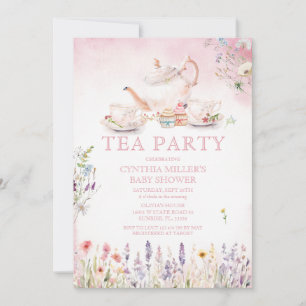 Wildflower Tea Party Roze Bloemen Baby shower Kaart