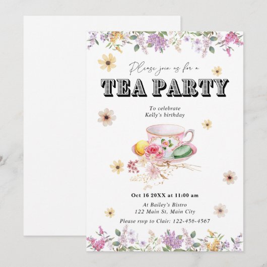 Wildflower Tea Party Uitnodiging voor verjaardag (Voorkant / Achterkant)