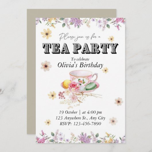 Wildflower Tea Party Uitnodiging voor verjaardag (Voorkant / Achterkant)