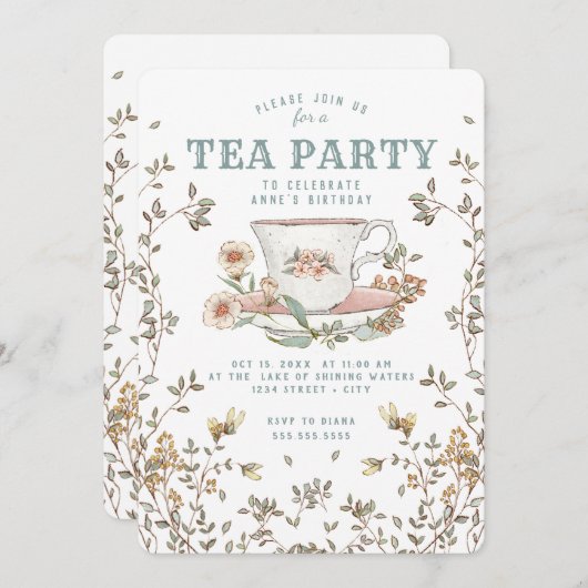 Wildflower Tea Party Uitnodiging voor verjaardag (Voorkant / Achterkant)