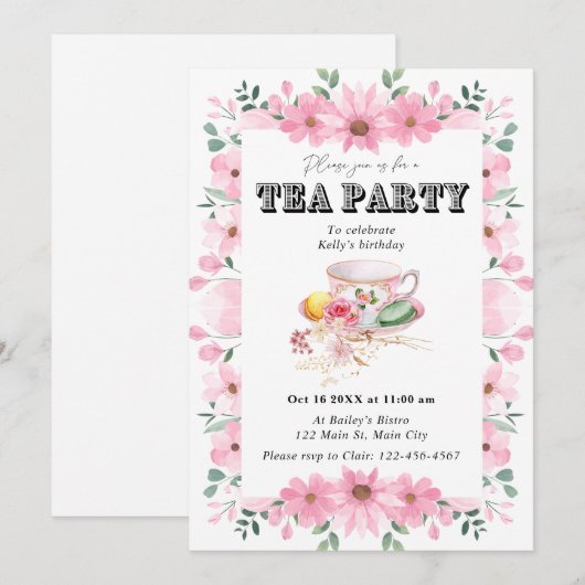 Wildflower Tea Party Uitnodiging voor verjaardag (Voorkant / Achterkant)