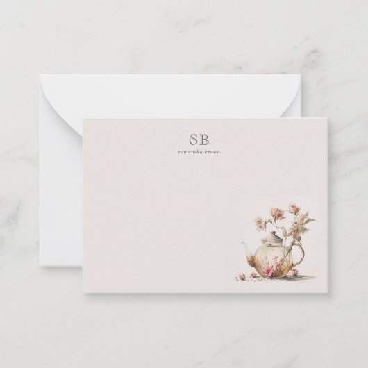 Wildflower Tea Party Waterverf Tea Initiaal Notitiekaartje (Voorkant)