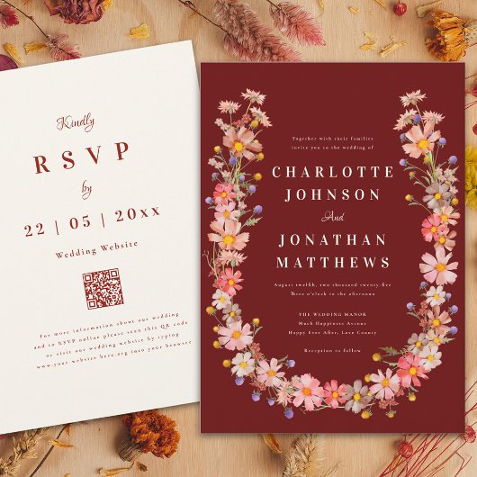 Wildflower Terracotta Beige Fall Wedding Kaart
