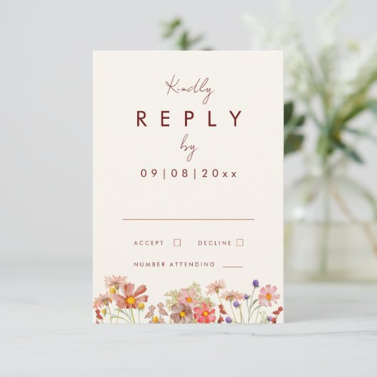 Wildflower Terracotta Fall Wedding Reageer RSVP Kaartje (Staand voorkant)