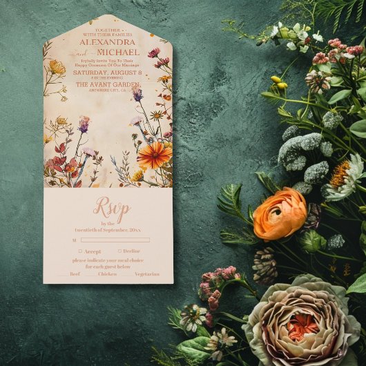 Wildflower Terracotta Floral Waterverf Wedding All In One Uitnodiging