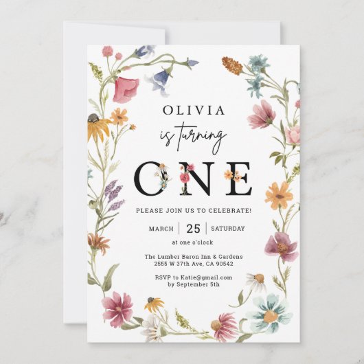 Wildflower Thema Meisje 1e Verjaardagsfoto Kaart (Voorkant)