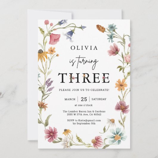 Wildflower thema meisje 3e verjaardag uitnodiging (Voorkant)