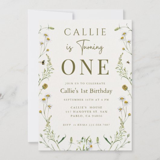 Wildflower Thema Sage Groen Meisje 1e Verjaardag Kaart (Voorkant)