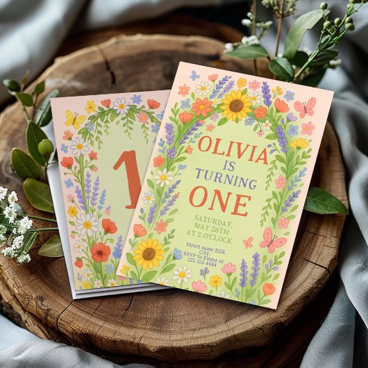 Wildflower Theme Girl 1e verjaardag, eerste verjaa Kaart