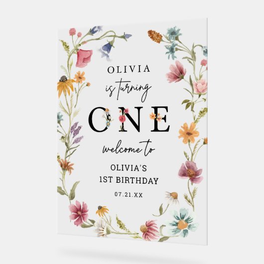 Wildflower Theme Girl 1e verjaardag Welkom Acryl Bord (Hoek)