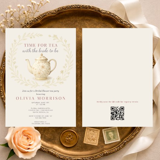 Wildflower Time for Tea QR Code Bridal Shower Kaart