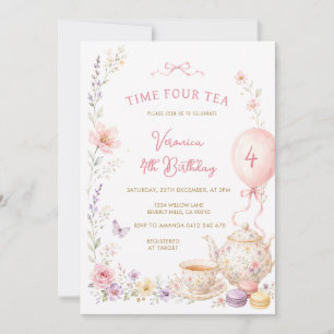 Wildflower Time Four Tea 4e verjaardagsuitnodiging Kaart
