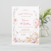 Wildflower Time Four Tea 4e verjaardagsuitnodiging Kaart (Staand voorkant)