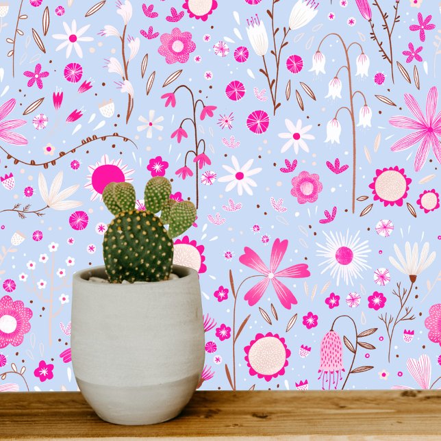 Wildflower Tuin Blauw Roze Bloem Behang (Pretty pink, blue and white wildflower art wallpaper)
