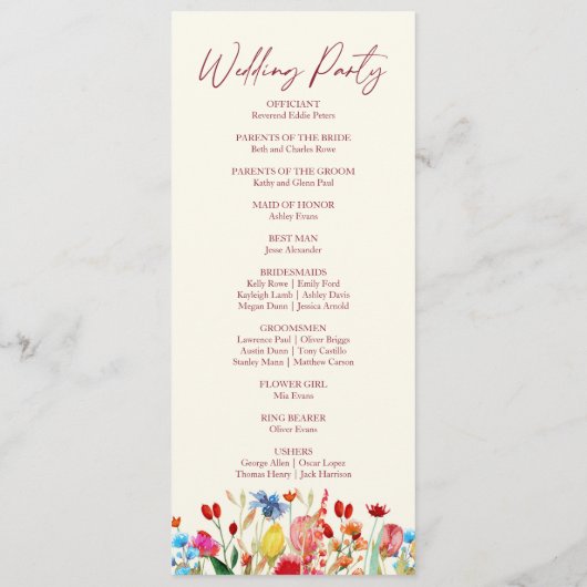 Wildflower Tuin Bloemen Wilde Bloemen Bruiloft Programmakaart (Achterkant)