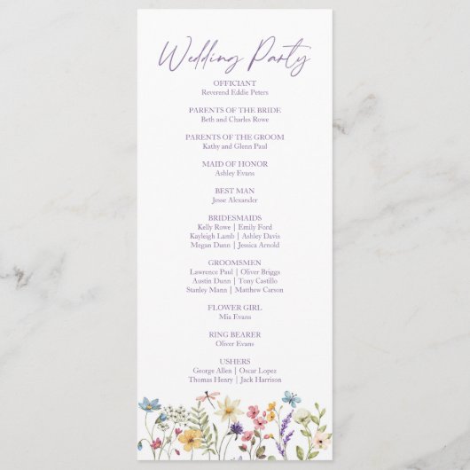 Wildflower Tuin Bloemen Wilde Bloemen Bruiloft Programmakaart (Achterkant)