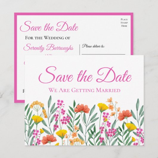 Wildflower Tuin Bruiloft Bloemen Save The Date Briefkaart (Voorkant / Achterkant)