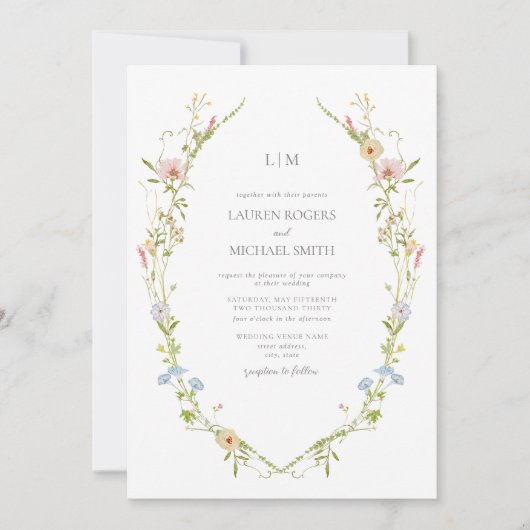  Wildflower Tuin Monogram Bruiloft Kaart (Voorkant)