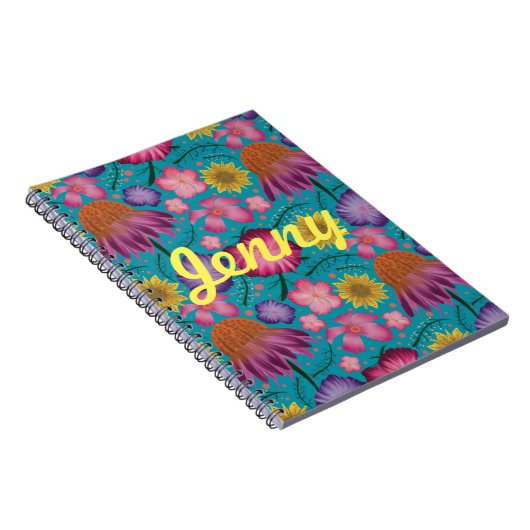 Wildflower Turquoise Floral , gepersonaliseerd Notitieboek (Rechterzijde)