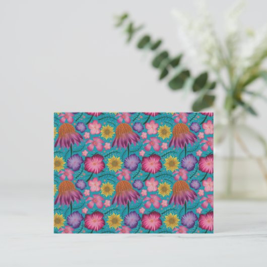 Wildflower Turquoise Floral Pattern Briefkaart (Staand voorkant)