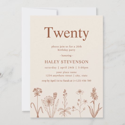 Wildflower Twenty Beige Terracotta 20e Verjaardag Kaart (Voorkant)