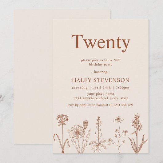 Wildflower Twenty Beige Terracotta 20e Verjaardag Kaart (Voorkant / Achterkant)