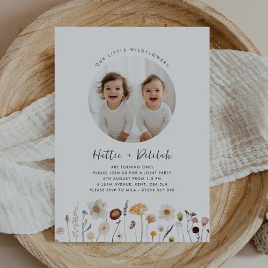 Wildflower Twin Girls Foto Gezamenlijke Verjaardag Kaart