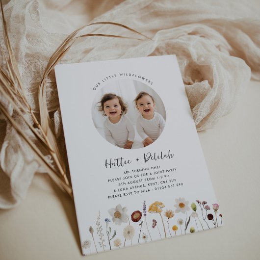 Wildflower Twin Girls Foto Gezamenlijke Verjaardag Kaart