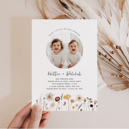 Wildflower Twin Girls Foto Gezamenlijke Verjaardag Kaart