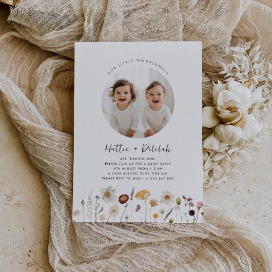 Wildflower Twin Girls Foto Gezamenlijke Verjaardag Kaart