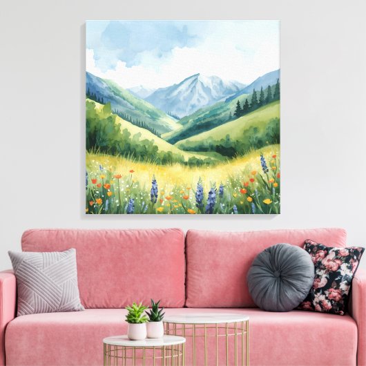 Wildflower Valley Landscape – Serene Waterverf PR Canvas Afdruk (Insitu (Woonkamer))