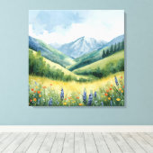 Wildflower Valley Landscape – Serene Waterverf PR Canvas Afdruk (Insitu (Houten vloer))