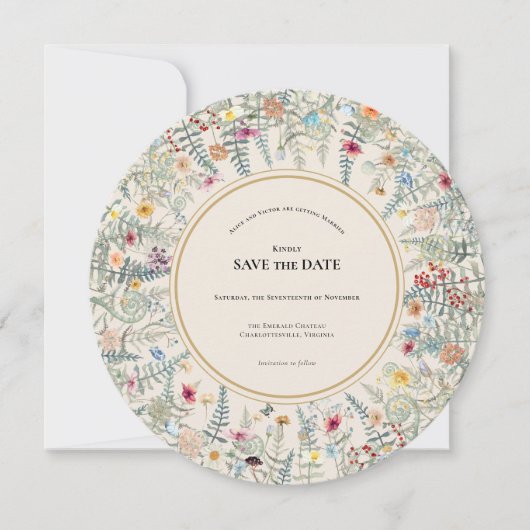  Wildflower Varen Beige Bruiloft Ronde Save The Date (Voorkant)