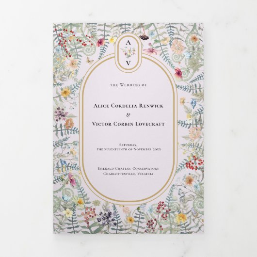 Wildflower Varen Lavendel Bruiloft Monogram Drieluik Uitnodiging (Cover)