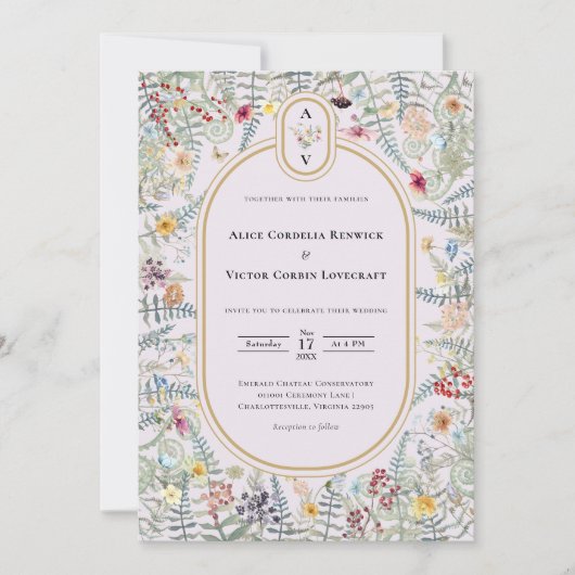  Wildflower Varen Lavendel Bruiloft Monogram Kaart (Voorkant)