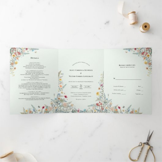 Wildflower Varen Munt Bruiloft Monogram Drieluik Uitnodiging (Binnen)