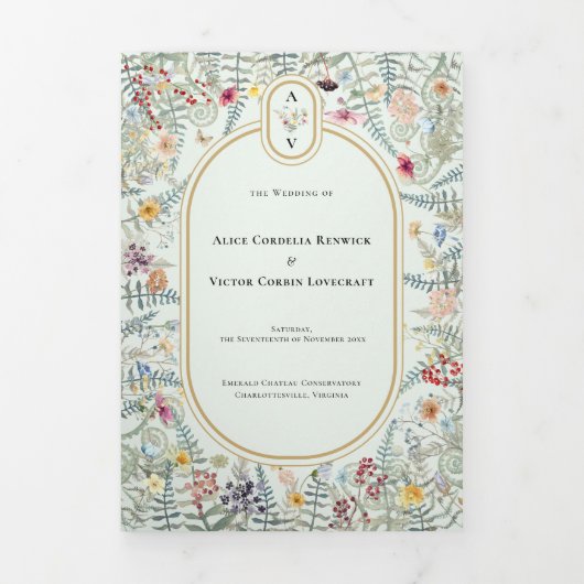  Wildflower Varen Munt Bruiloft Monogram Drieluik Uitnodiging (Cover)