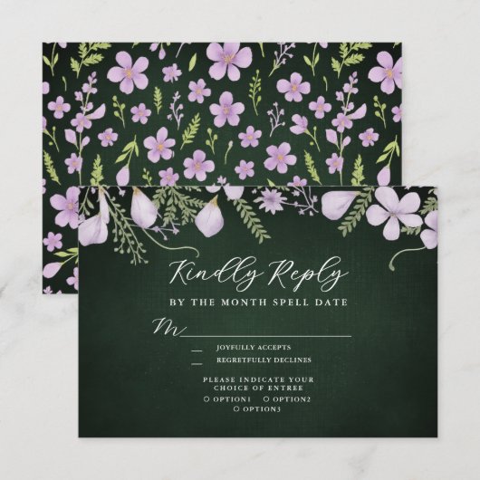 Wildflower & varen op Forest Green RSVP Kaartje (Voorkant / Achterkant)