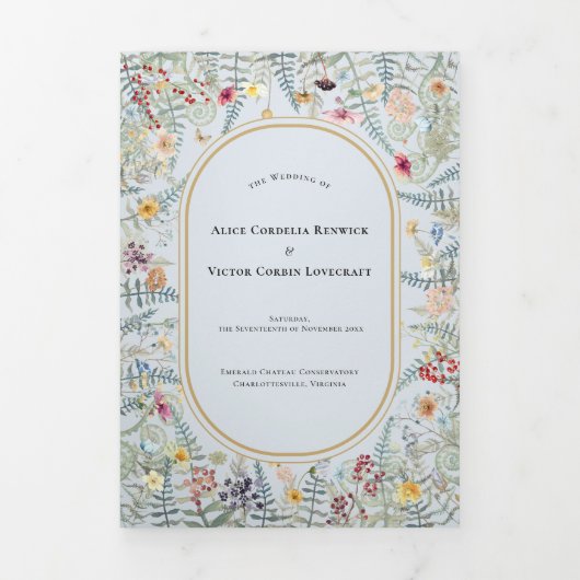  Wildflower Varen Stoffig Blauw Bruiloft Drieluik Uitnodiging (Cover)