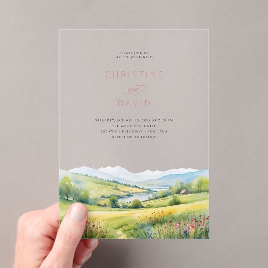 Wildflower veld en bergen rustieke bruiloft acryl uitnodigingen (Insitu (Draagbaar))