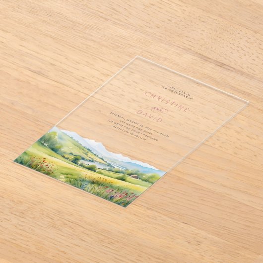 Wildflower veld en bergen rustieke bruiloft acryl uitnodigingen (Laagn)