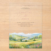 Wildflower veld en bergen rustieke bruiloft acryl uitnodigingen (Voorkant)