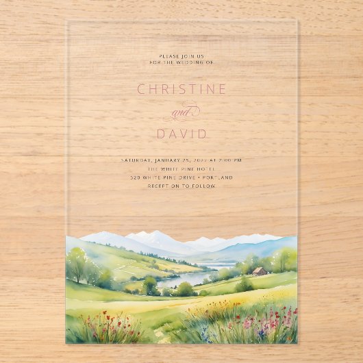 Wildflower veld en bergen rustieke bruiloft acryl uitnodigingen (Voorkant)